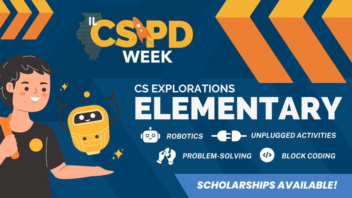 Learn how to develop your K-5 class’ foundational CS skills during this summer's #ILCSPDWeek Elementary track 🤖

FEATURING workshops on block coding, robotics & adding problem-solving into reading & social studies.

💰Full ride SCHOLARSHIPS available!

🔗 ltcillinois.org/cspdweek/atten…