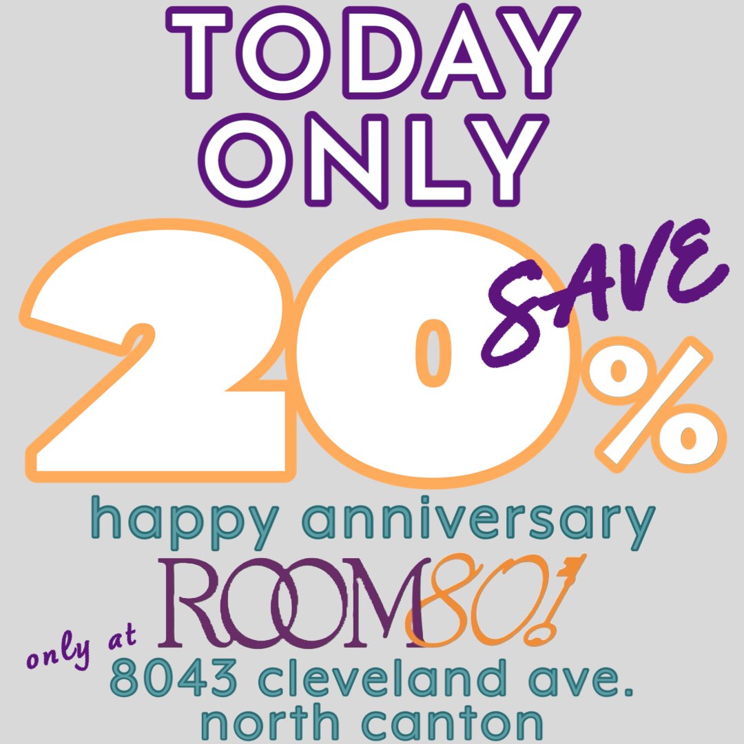 TODAY ONLY!! Celebrate our first anniversary and SAVE 20% at Room 801 located at 8043 Cleveland Avenue in North Canton,Ohio!