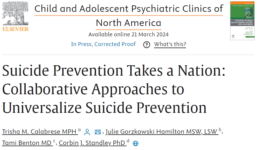 📢New publication!📢In it, my colleagues from AFSP, AAP, and Children’s Hospital of Philadelphia and I discuss national collaborative strategies for youth suicide prevention. My first article as senior author. Check it out! Full special issue coming soon. authors.elsevier.com/a/1ioDN3mE5gwP…
