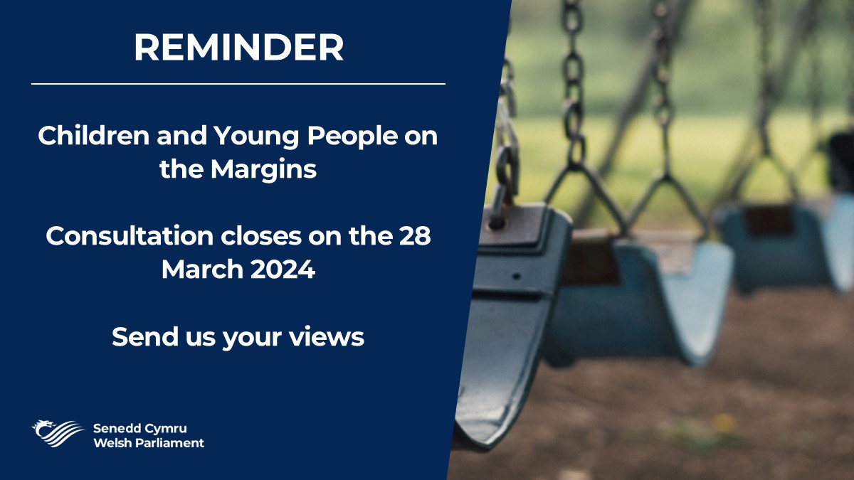 🚨REMINDER🚨 We want to hear from you. Our inquiry Children and Young People on the Margins focuses on missing children and C&YP who are victims of criminal exploitation. 📅Consultation closes on the 28 March 2024 Send in your views 👇 business.senedd.wales/mgIssueHistory…