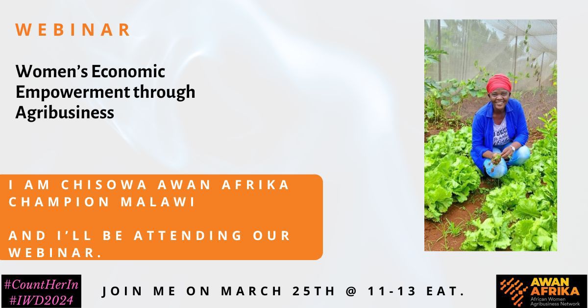 Investing in #womeninag is key to achieving #foodsecurity  and nutrition  on the continent! Join us to hear from  our champions who are changing  the face of agriculture.

Register here &gt;&gt;  bit.ly/43mcM10

 #CountHerIn #YouthInAg #FAOAfrica #ACBF #AfDB #afcfta <a href="/AU_DARBE/">AU Agriculture, RuralDev't BlueEconomy Environment</a>