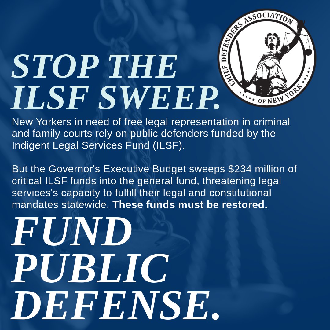 We joined 70 legal organizations to urge lawmakers to restore $234m to New York's ILSF and appropriate adequate funding for public defense services for people in need of an attorney in criminal and family courts. Read our letter here: bit.ly/stopILSFsweep