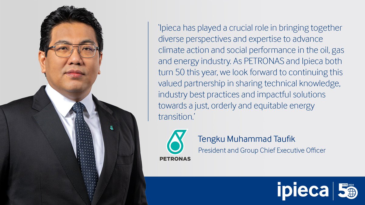 #Ipieca50 'As PETRONAS and Ipieca both turn 50 this year, we look forward to continuing this valued partnership in sharing technical knowledge, industry best practices and impactful solutions.' Tengku Muhammad Taufik, President & Group CEO @Petronas ➡rebrand.ly/88qmvd3