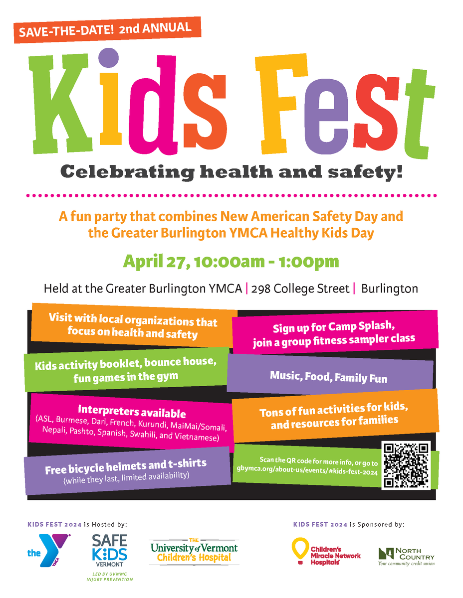 Save the Date! Kids Fest 2024: April 27, 10am - 1pm @ Greater Burlington YMCA in #bvt A #free community event focused on family #health and #safety. Come visit the #UVM Cancer Center's table to gain information and resources on sun safety and skin cancer prevention! ☀️🕶️🎗️