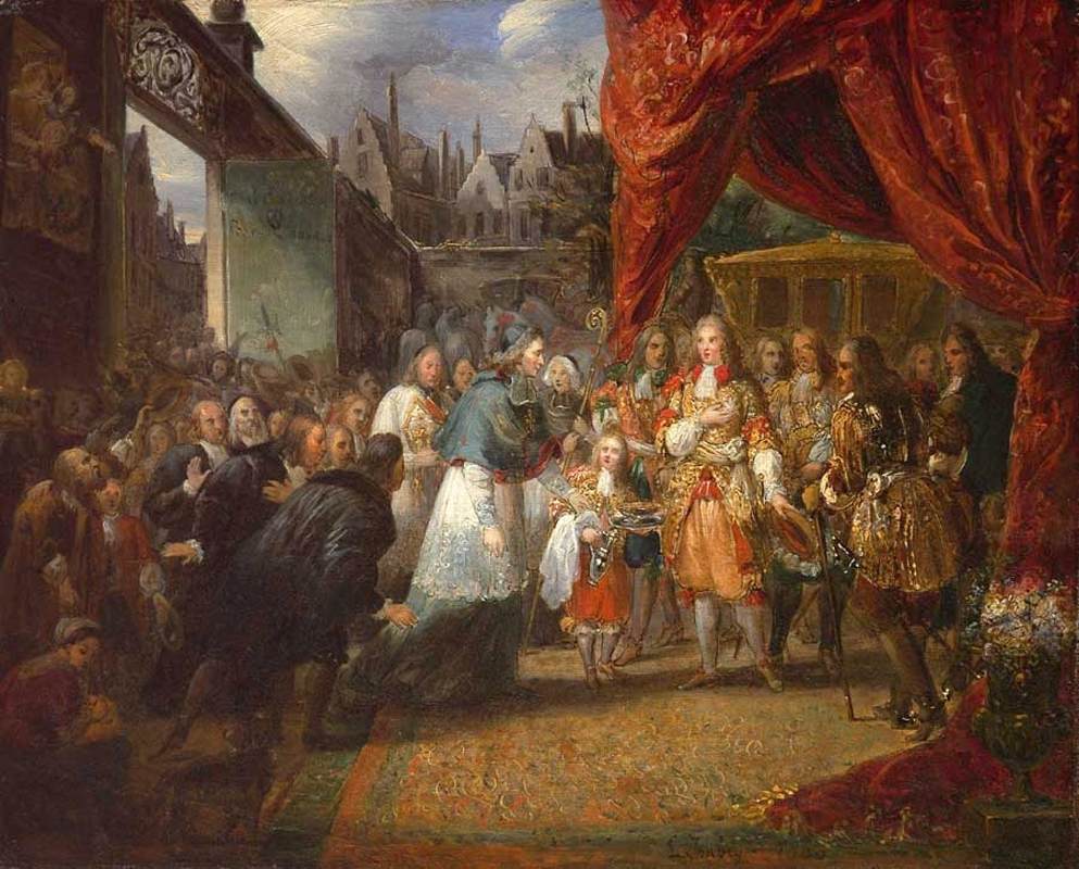 Eugène Isabey
Luigi XIV entra a Parigi
1830
Olio su tela, 33x41 cm

Questa scena mostra il giovane Luigi XIV che arriva a una delle porte di Parigi, accolto da un vescovo con una bacinella d'acqua cerimoniale e una folla  che osserva il re e i cortigiani splendidamente vestiti.