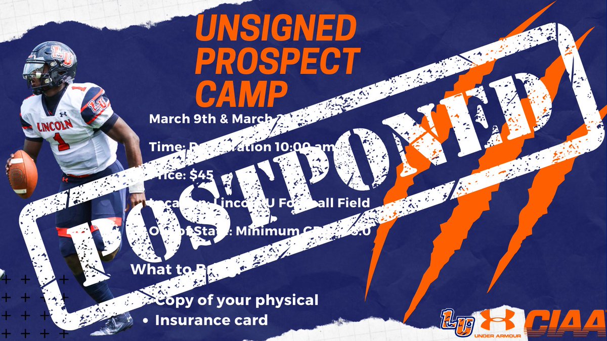 Due to inclement weather, our Unsigned Prospect Camp will be postponed to April 20, 2024. #LUPr1de #ProtectThePr1de #TheLionWay #PR1DE 🔵🦁🟠