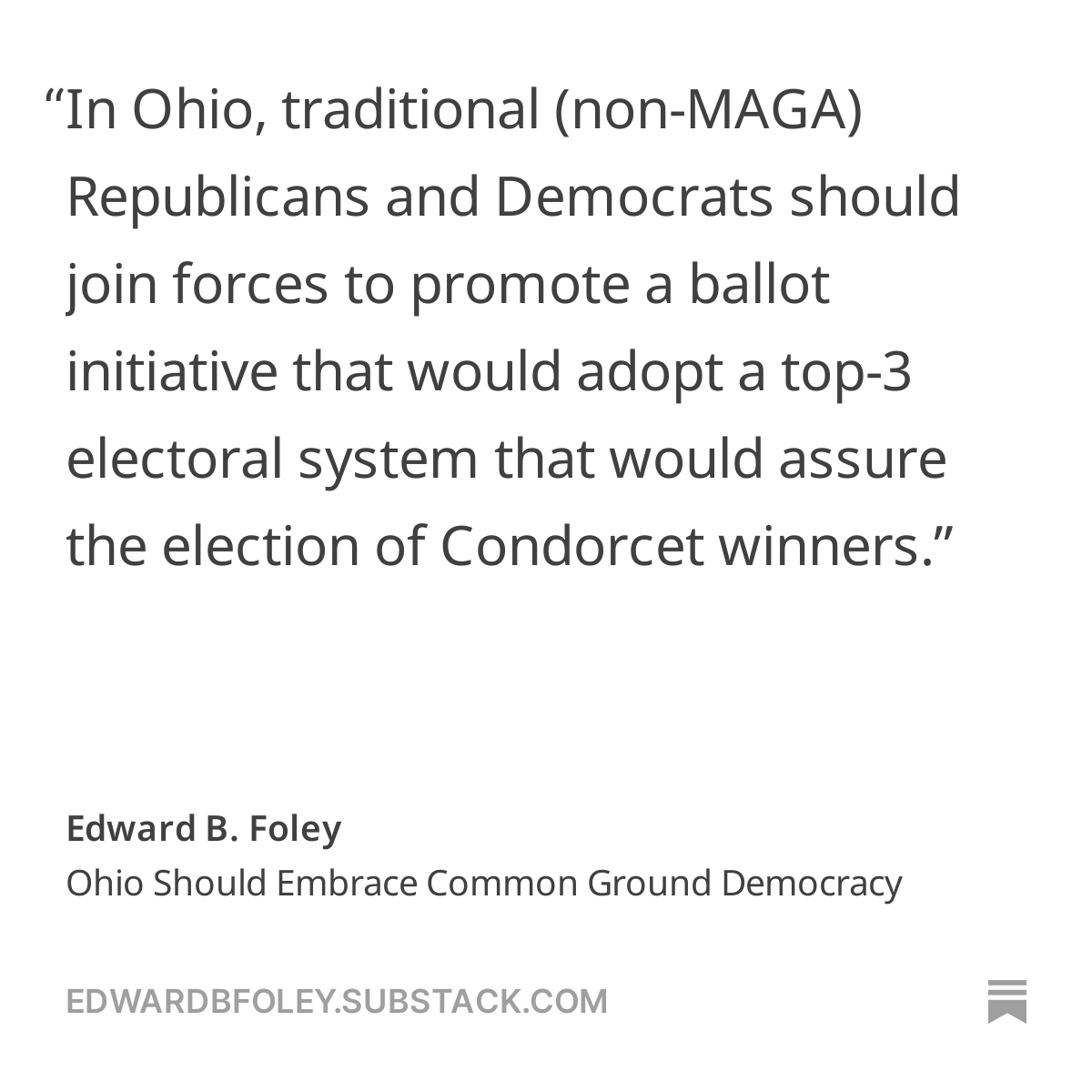 Ohio Should Embrace Common Ground Democracy: Ohio’s U.S. Senate race this year, as in 2022, illustrates how the current electoral system causes the defeat of the candidate whom a majority of voters prefer to each other candidate in the race. open.substack.com/pub/edwardbfol…