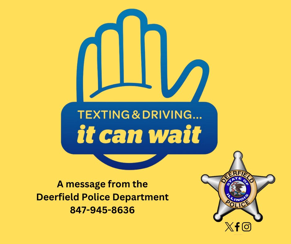 Texting and driving not only endangers you, it endangers everyone around you! Throughout the month of April, the Deerfield Police Department will be conducting extra enforcement for distracted driving. Deerfield Police would like to remind the public to #DropItandDrive