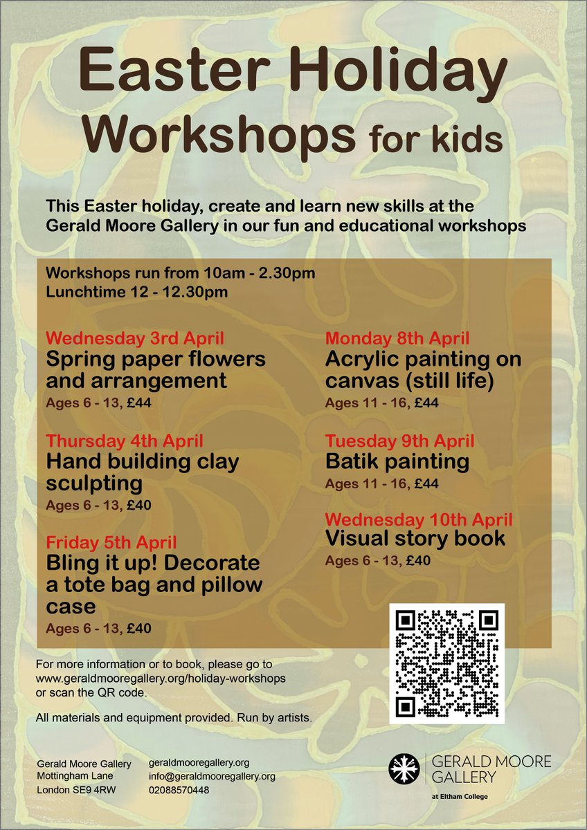 We are running creative educational workshops this Easter holiday. Learn the art of batik painting, create a bouquet of paper flowers or illustrate a visual book, plenty on offer for inquisitive children. All materials are provided. geraldmooregallery.org/holiday-worksh…