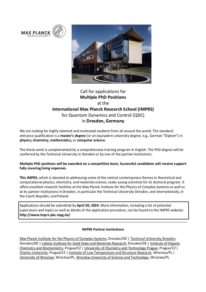 Multiple PhD positions available at the International Max Planck Research School for Quantum Dynamics and Control! Apply here by 30 April:
imprs-pks.mpg.de/application/ap…