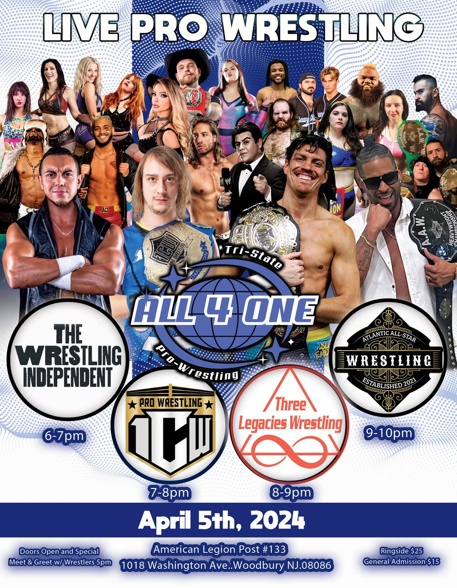 Gear up for #Wrestlemania Weekend! 🤼‍♂️ 'All-4-One' event by Three Legacies Wrestling, 1CW Pro Wrestling, & The Wrestling Independent on April 5th! Don't miss out! 🎟️ #All4One #WrestlingShowdown #GetYourTickets #ProWrestling