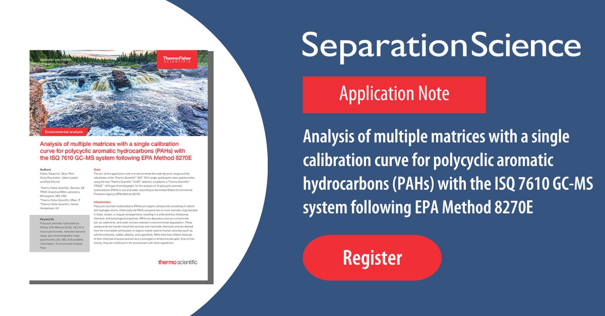 Sep_Science's tweet photo. In this application note, the Thermo Scientific ISQ 7610 single #quadrupole #GCMS system was utilized for the simultaneous analysis of PAHs in water and soil samples, thanks to the extended linear dynamic range of the XLXR detector.
https://t.co/L1B73usLc7 https://t.co/ms76lsSWfb