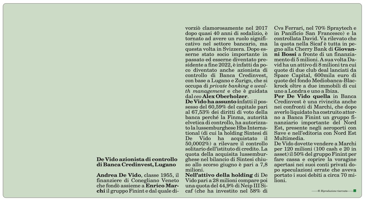 andreagiacobin1's tweet image. #DeVido al controllo della svizzera Banca #Credinvest. Su @ItaliaOggi 21/03/24. #sintesi @tribuna_treviso @VeneziePost #finma #marchi #bancafinint #save @veneziaairport