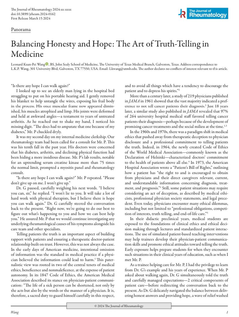 What does it mean to tell patients the truth? In this @JRheum article, I write about one patient and a rheumatologist who helped me learn about the practice of medicine. jrheum.org/content/jrheum…