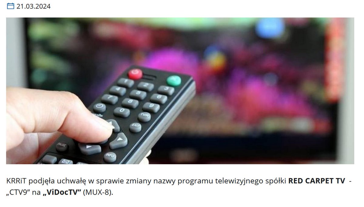 Program telewizji naziemnej „CTV9” zmienia nazwę na „ViDocTV”