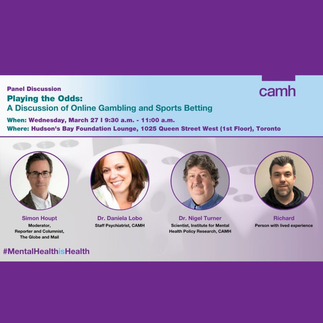 Join @CAMHNews for a panel discussion featuring experts in the field and a person with lived experience as they discuss problematic sports #betting and #gambling in #Ontario + the shift from responsible gambling to a public health approach. Register at shorturl.at/fvGW0