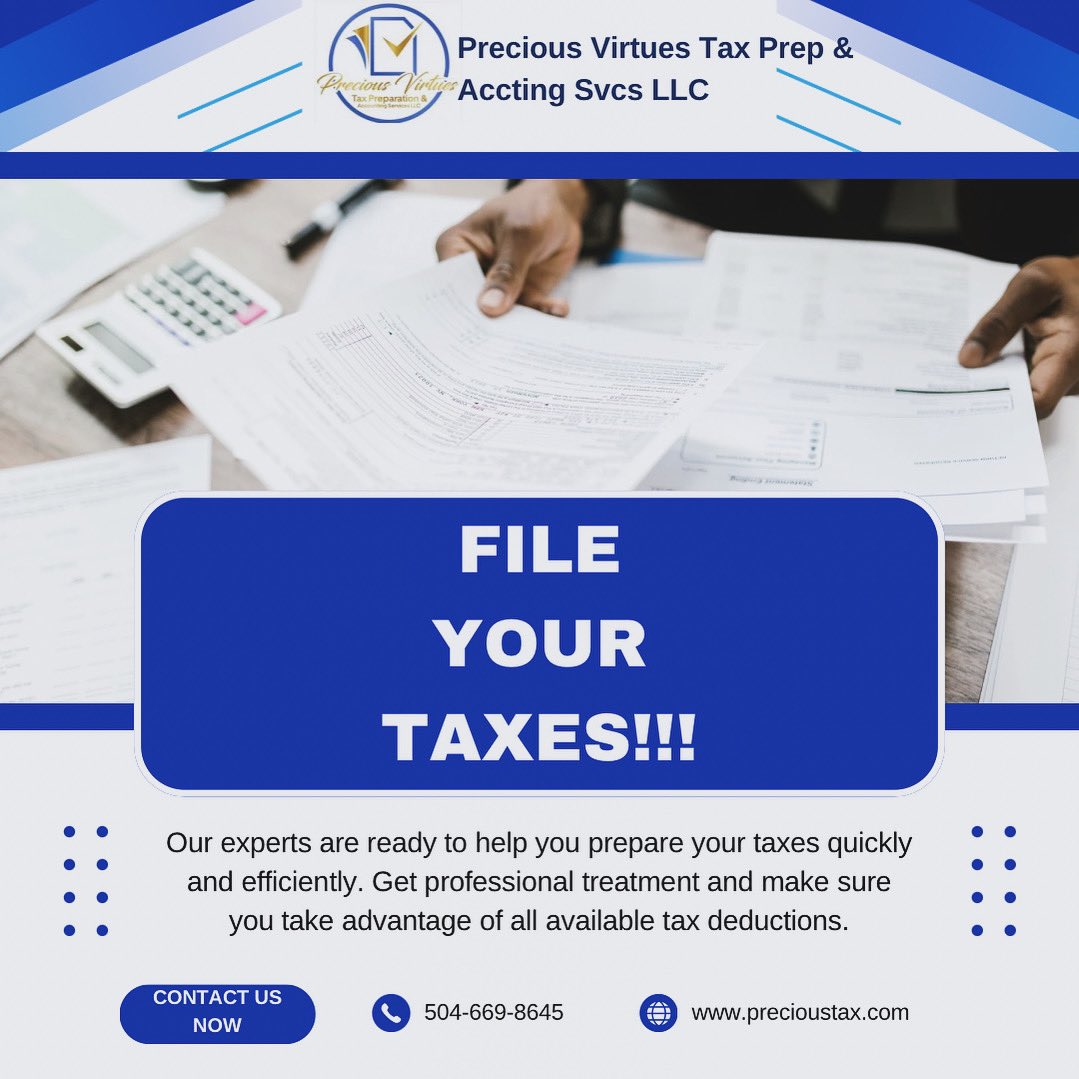 Precioustax's tweet photo. File your taxes on time! Schedule an appointment with Precious Virtues Tax Prep to get your 2023 tax refund today!!!  @precious_virtues_tax_prep
https://t.co/APvKN4gHdG 
(504)-669-8645
Kenosha@precioustax.com 

#preciousvirtuestaxprepandacctingsvcsllc #pvtpas #taxes #nola #taxes https://t.co/Nhd9eC3aGz