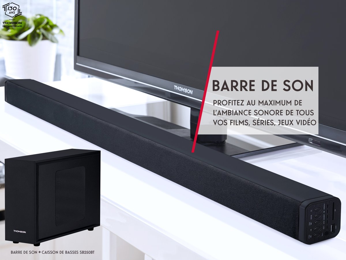 Boostez le rendu audio de votre téléviseur facilement avec la barre de son + caisson de basses SB250BT #Thomson, disponible à moins de 90€ chez @Leclerc !😉 🎶 ▶️ e.leclerc/fp/thomson-sb2… #ThomsonAudio #ThomsonTV #SB250BT