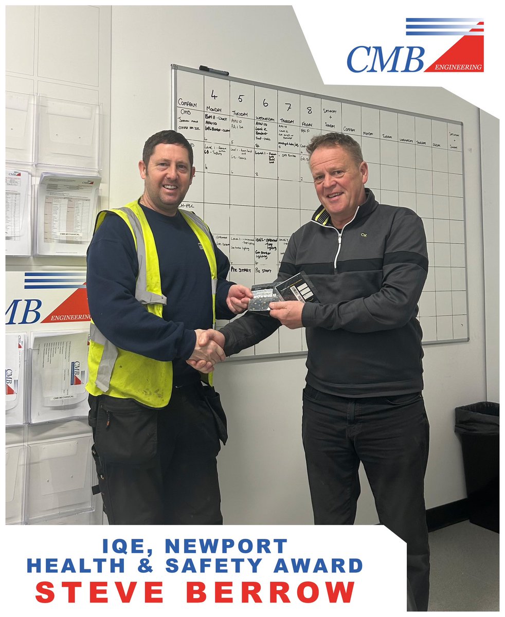 Congratulations to Jordan Mace and Steve Berrow on both receiving H&S Awards on IQE, Newport. Both Supervisors were given this award by Director Bertie Borley for their input into creating specific SSOW’s for the reactor 11/12 project which is currently being undertaken 👏