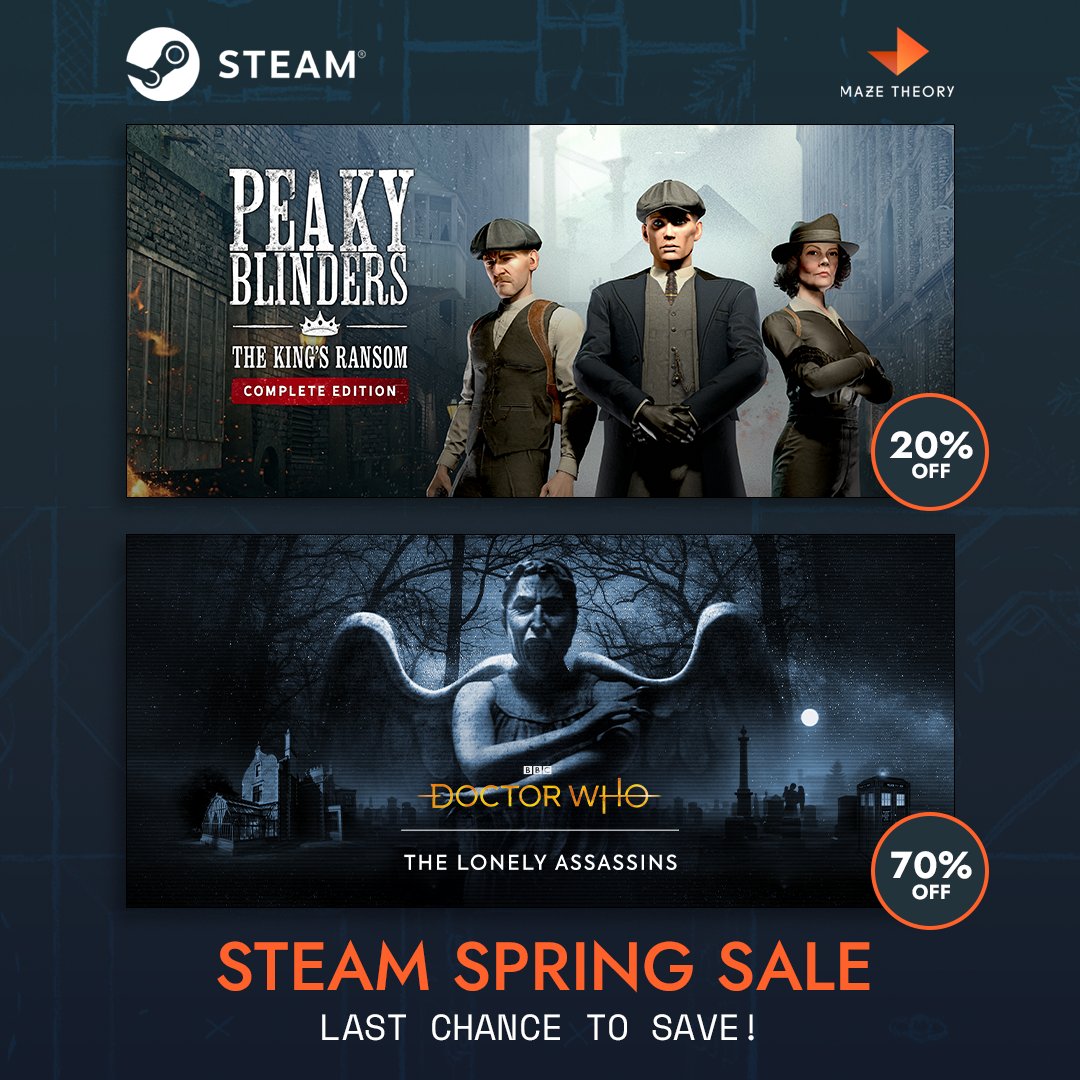 It's the last few hours of the Steam Spring Sale! 🍃 Be quick to save now on these incredible titles! 🧢 Peaky Blinders: The King's Ransom Complete Edition is 20% off: bit.ly/3vb65Ck 📱 Doctor Who: The Lonely Assassins is 70% off: bit.ly/3s7u6Vg