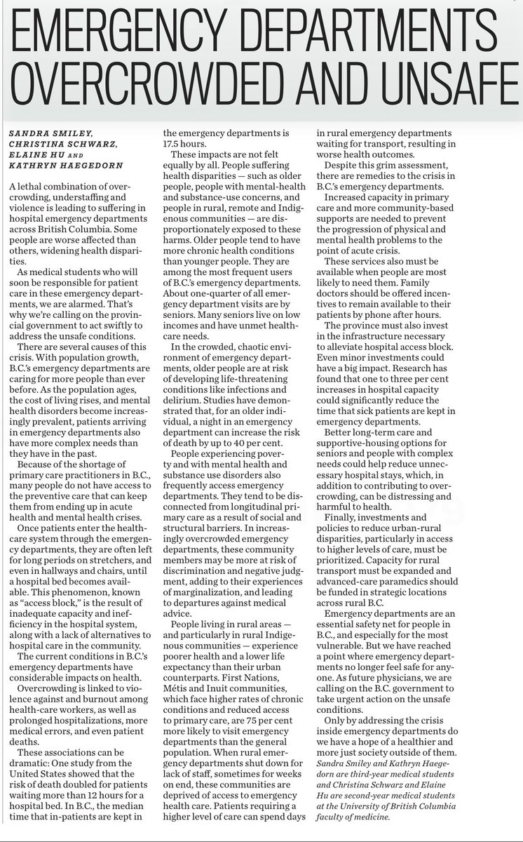 ⁦@VancouverSun⁩-“One study from the United States showed that the risk of death doubled for patients waiting more than 12 hours for a hospital bed. In B.C., the median time that in-patients are kept in the emergency departments is 17.5 hours”. ⁦BC govt. is killing patients