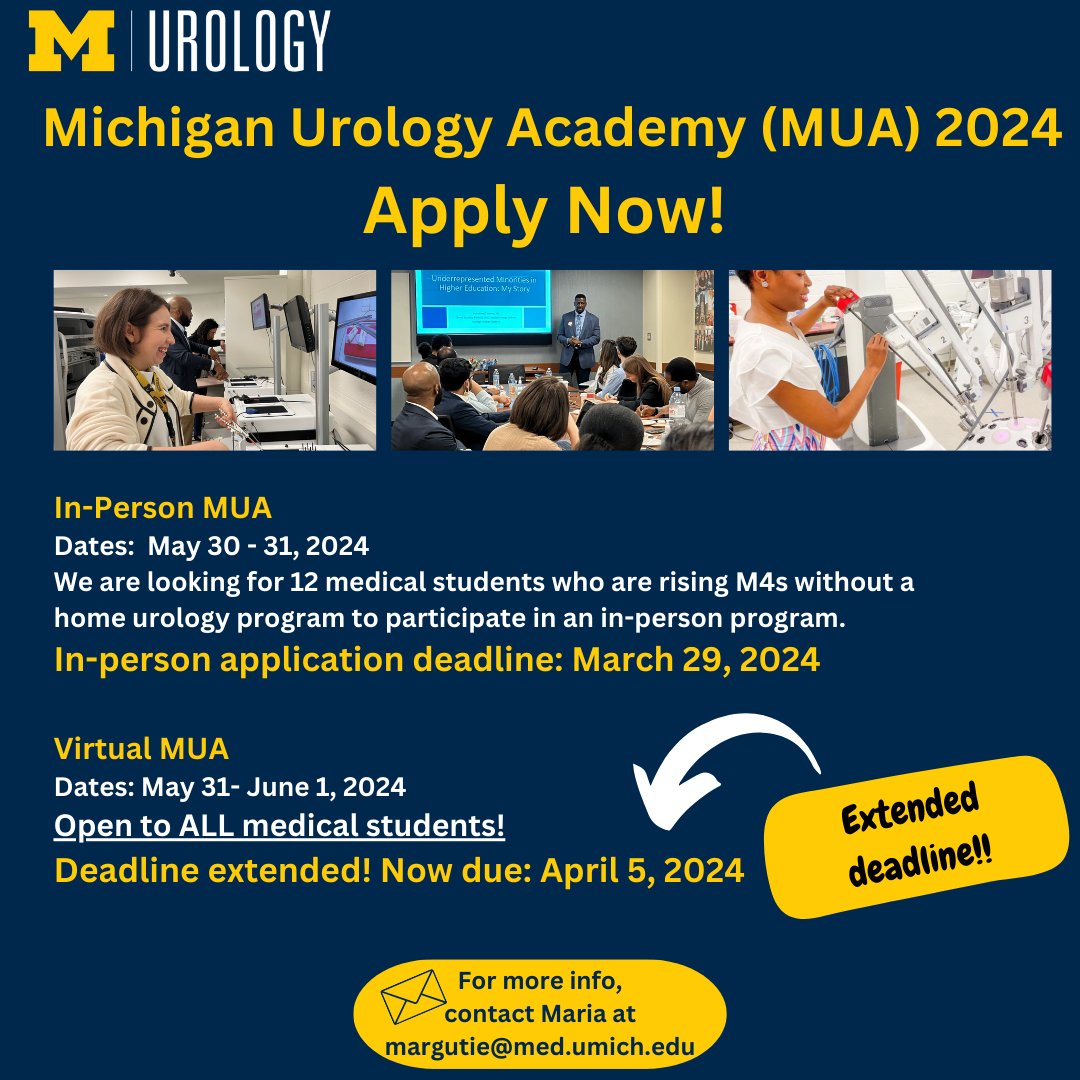 🚨 Attention: The application deadline for the virtual MUA 2024 has been extended! As a reminder: virtual MUA is open to ALL medical students. Apply Now! michmed.org/y5Bkv