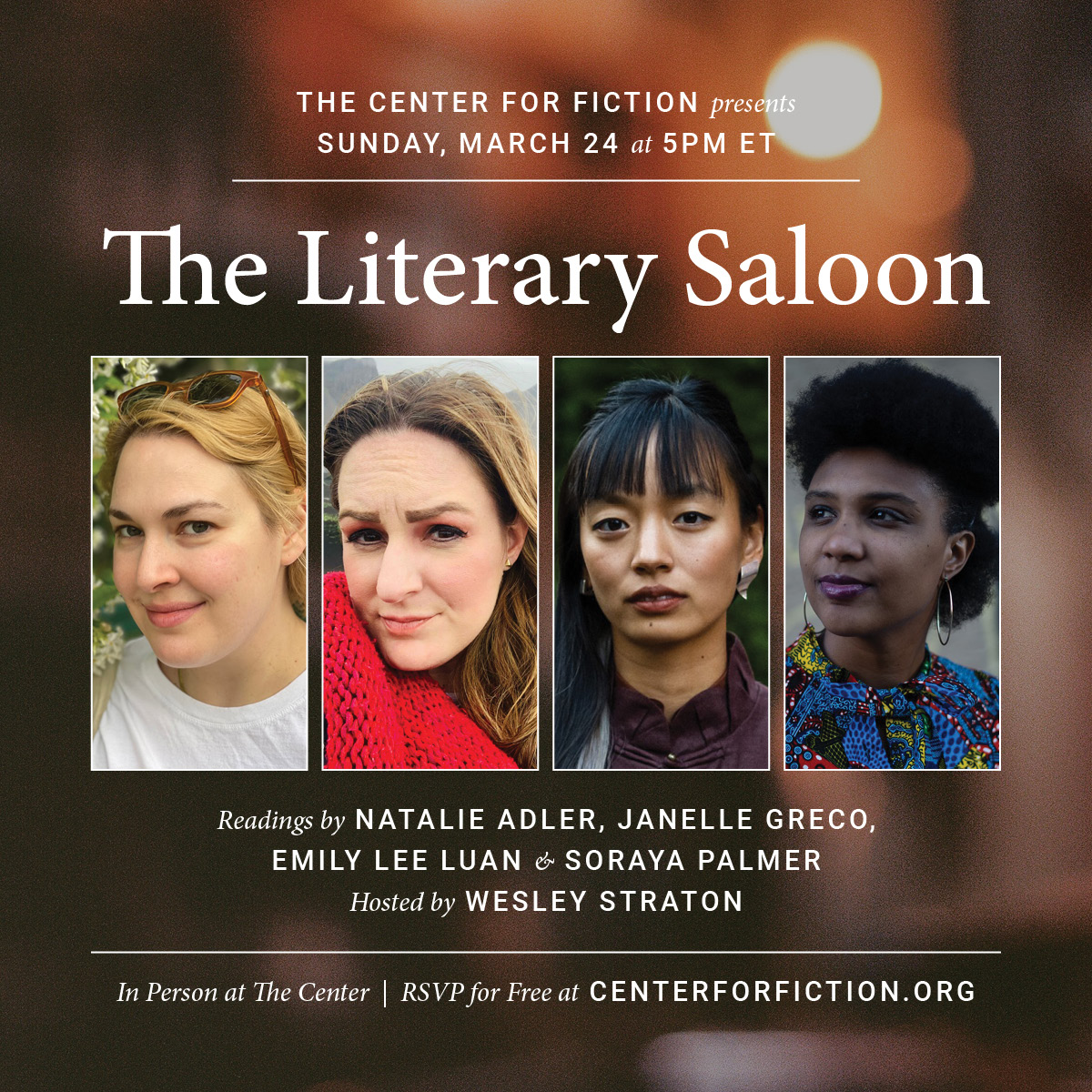 This Sunday, we're excited to host the first of a new free reading series: The Literary Saloon! Join us at 5pm to hear readings from Natalie Adler, Janelle Greco, Emily Lee Luan, and Soraya Palmer curated and hosted by Wesley Straton. Learn more here: tinyurl.com/35nndabb