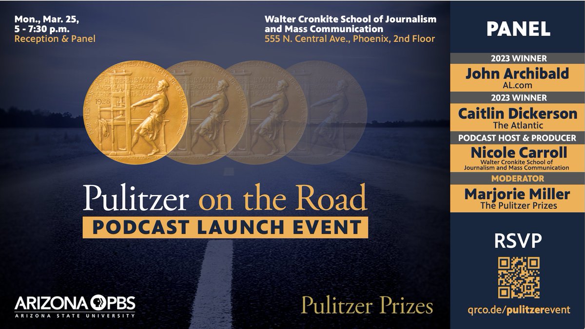 Join moderator @MarjorieJMiller, Board member @nicole_carroll and winners @itscaitlinhd & @JohnArchibald at @Cronkite_ASU on Monday (3/25) for a free panel celebrating the release of the first episode of the #Pulitzer on the Road podcast! Click below to learn more and register.