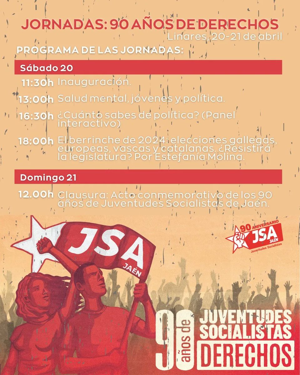 JSAJaenCep's tweet image. 🔴 El próximo 20 y 21 de abril,  Juventudes Socialistas de la provincia de Jaén celebramos nuestro 90 aniversario.

🚩 Afrontamos con mucho orgullo esta próxima jornada.

✍️ Además nos acompañará Estefan Molina, politóloga, periodista, columnista en El País y escritora.