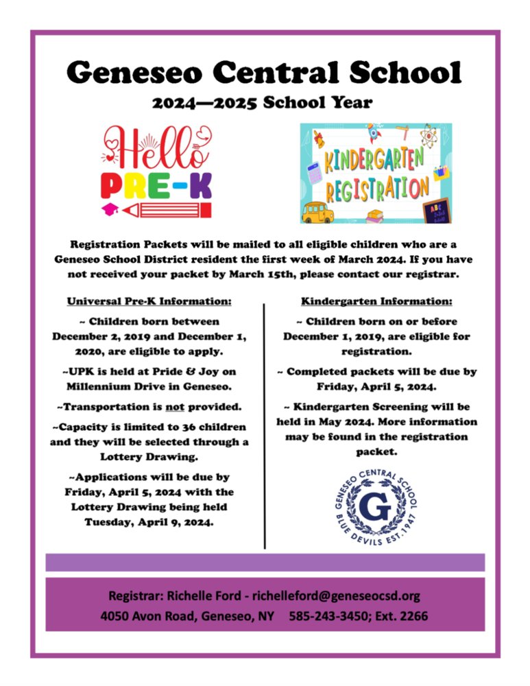 REMINDER: The 2024-2025 UPK or Kindergarten Registration Packets are due by April 5th! If you still need registration paperwork, please contact our District Registrar Richelle Ford.