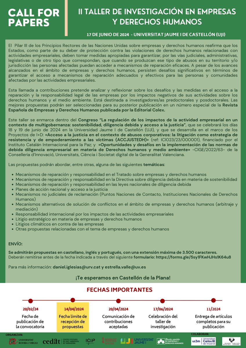 📢Save the date! 👥Congreso virtual 'Responsabilidad y reparación en materia de #empresasyDDHH: Explorando los caminos hacia el acceso efectivo a la justicia' 🗓️9-10/05 📚Taller de investigación en empresas y derechos humanos. 🗓️Envío de resúmenes hasta 14/04 #empresasyDD 👇👇👇