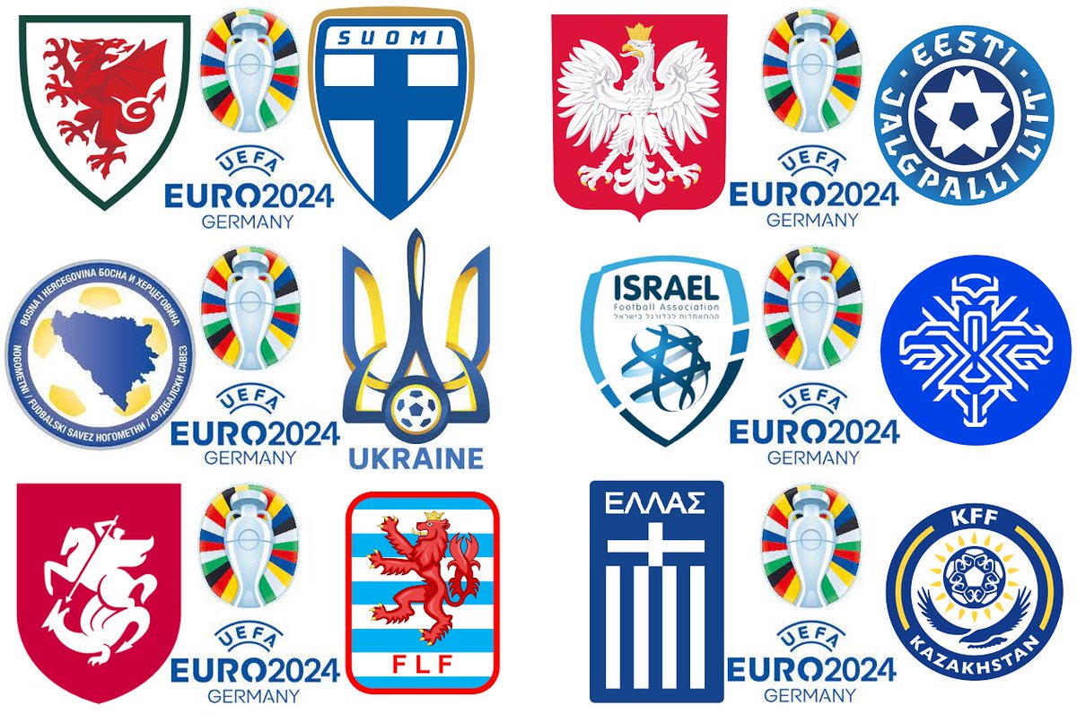 Today's Euro 2024 Play-Off Semi-Finals: Path A Wales 🏴󠁧󠁢󠁷󠁬󠁳󠁿 v 🇫🇮 Finland Poland 🇵🇱 v 🇪🇪 Estonia Path B Bosnia and Herzegovina 🇧🇦 v 🇺🇦 Ukraine Israel 🇮🇱 v 🇮🇸 Iceland Path C Georgia 🇬🇪 v 🇱🇺 Luxembourg Greece 🇬🇷 v 🇰🇿 Kazakhstan Finals on Tuesday #Euro2024 myfootballfacts.com/uefa/uefa-nati…