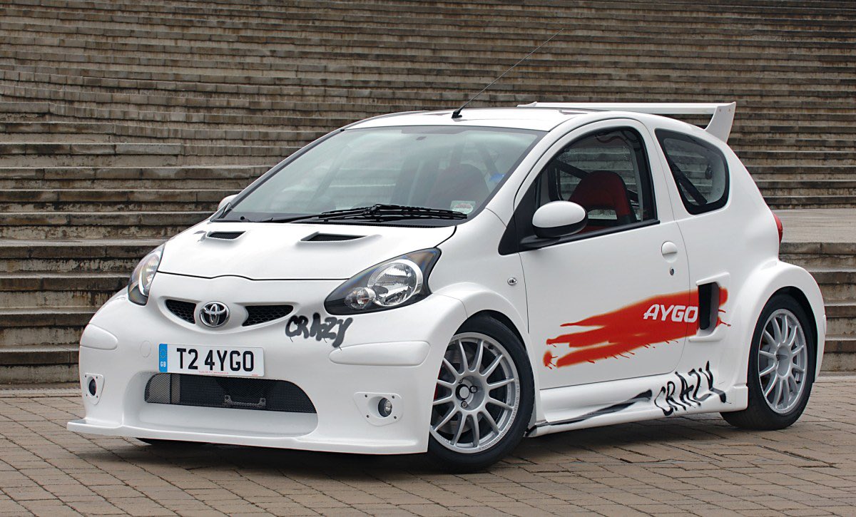 horsepower's tweet photo. Did y’all know that there was a Toyota Aygo “Crazy” concept car built by Toyota in the UK? In 2008, Toyota took a Toyota Aygo and made it mid engine and RWD. The car was powered by a turbocharged 200hp 1.8L 1ZZ-FE paired to a 5 speed manual transmission. Very cool if you ask me. https://t.co/u3BCkC2L5E