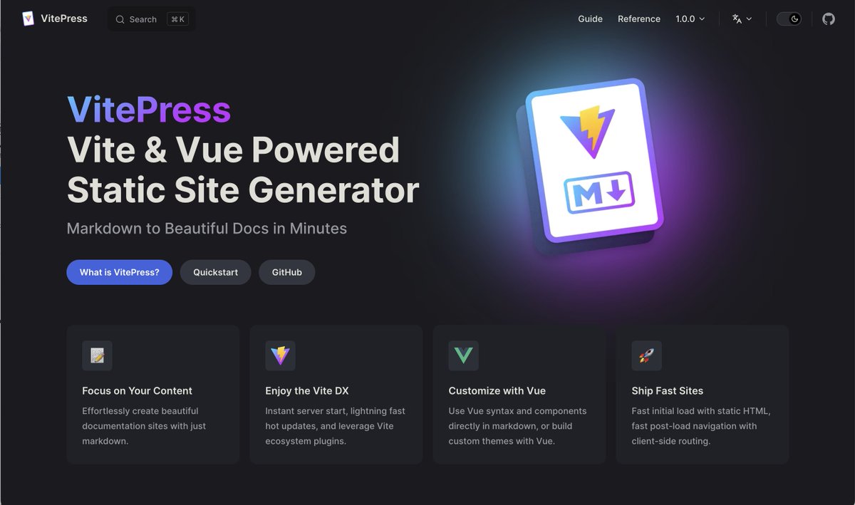 Excited to announce the (long overdue) 1.0 release of VitePress, a Vite + Vue powered static site generator! You probably have already seen it in action if you've used the docs of Vue, Vite, Vitest, Rollup, D3, Mermaid, VueUse, Pinia, UnoCSS and more... Read more to learn why…
