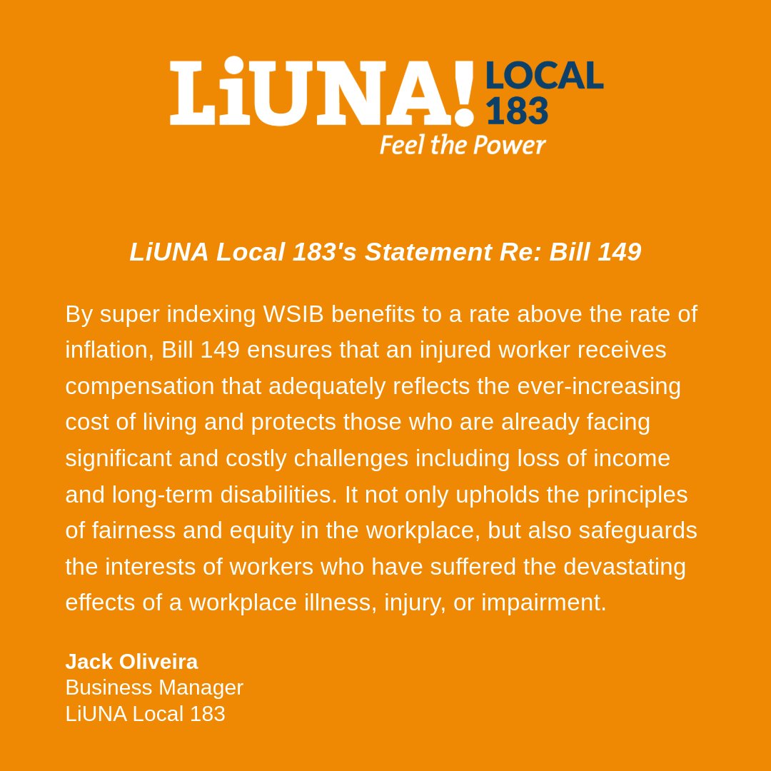 We are pleased with the passing of the 4th #WorkingForWorkers bill today.

By super-indexing WSIB Benefits to a rate above the rate of inflation - Bill 149 ensures injured workers receive compensation that adequately reflects the ever-increasing cost of living.