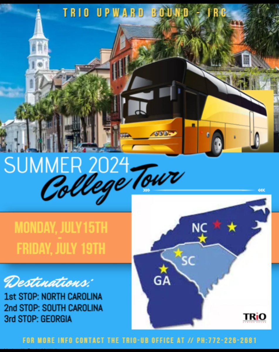 Summer College Tour 2024 information was distributed this week during tutorials! The trip is tri-state, going to North Carolina, South Carolina and Georgia. In order to participate on the trip, students must participate in the Summer Academy and/or take a dual enrollment course.