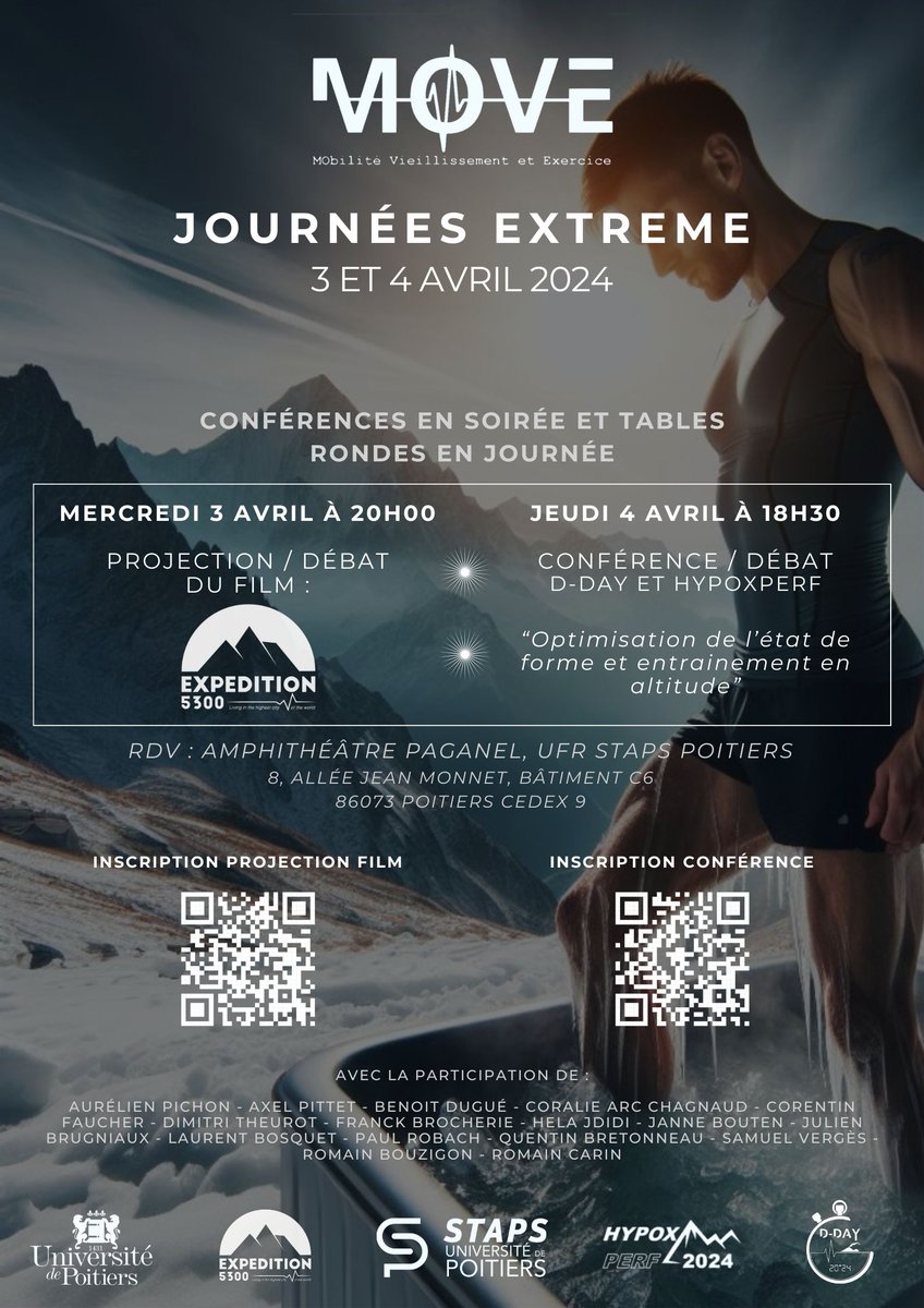 JOURNÉES EXTREME du <a href="/LaboMOVE/">Laboratoire MOVE</a> : 

🗓️ Mercredi 3 Avril :

à partir de 19H45: Projection du film EXPEDITION 5300 et échanges avec les chercheurs - Samuel VERGÈS et Julien Brugniaux (HP2 Grenoble) Aurélien Pichon (MOVE Poitiers)

📝 Lien d'inscription : lnkd.in/g42_CKGv