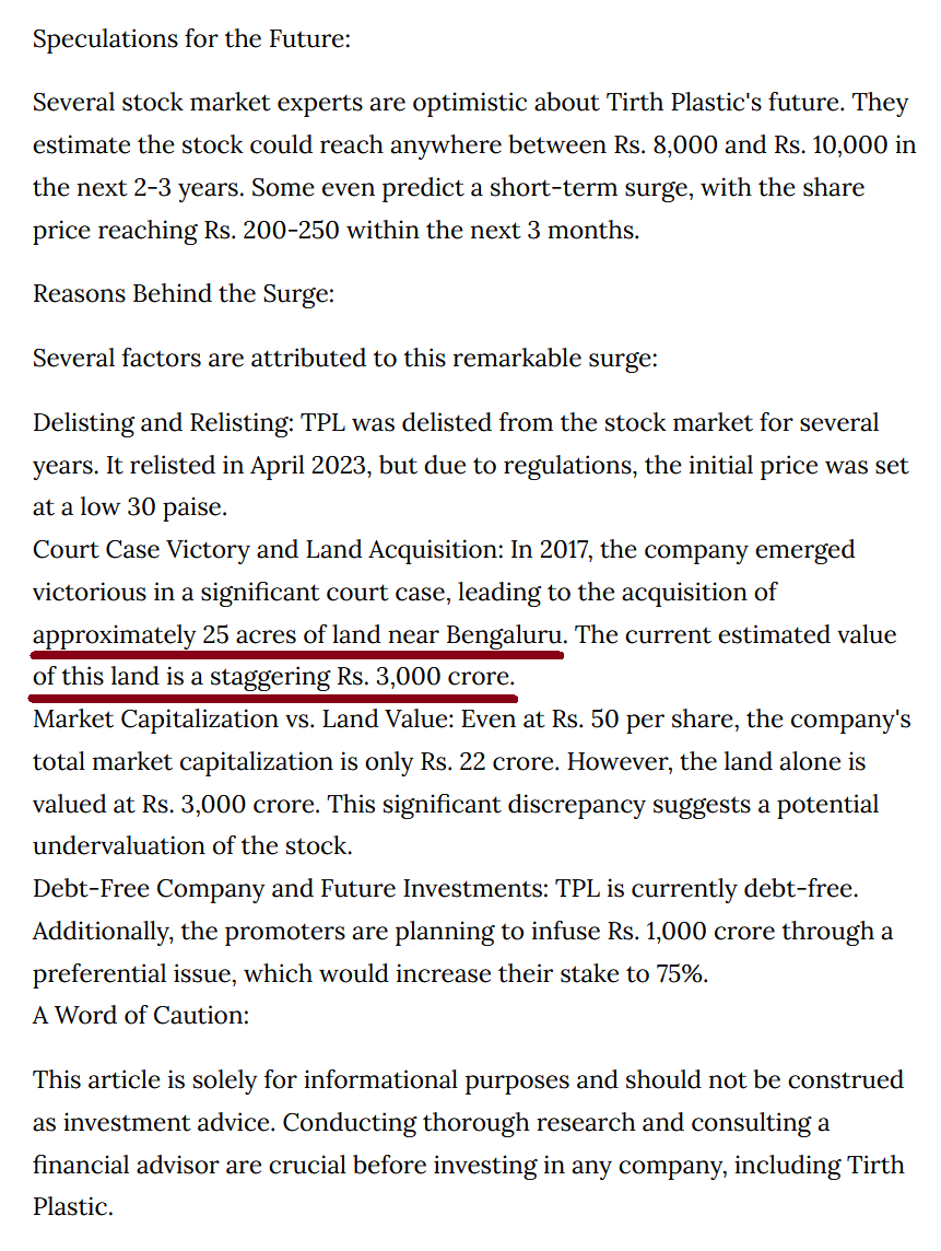 Focus_SME's tweet photo. #TIRTPLS TIRTH PLASTIC What's going on here? Can't find any details about these land verdict. 120 Crore per Acre near Bengaluru? https://t.co/FJPsz8GJXf