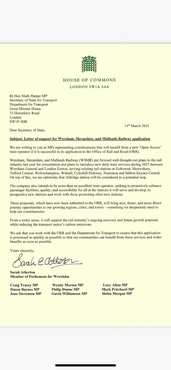 I have joined my Midlands and Welsh colleagues in calling on the Government to back Wrexham, Shropshire, and Midlands Railway to deliver for train passengers. These plans will make a real difference to commuters across Staffordshire.