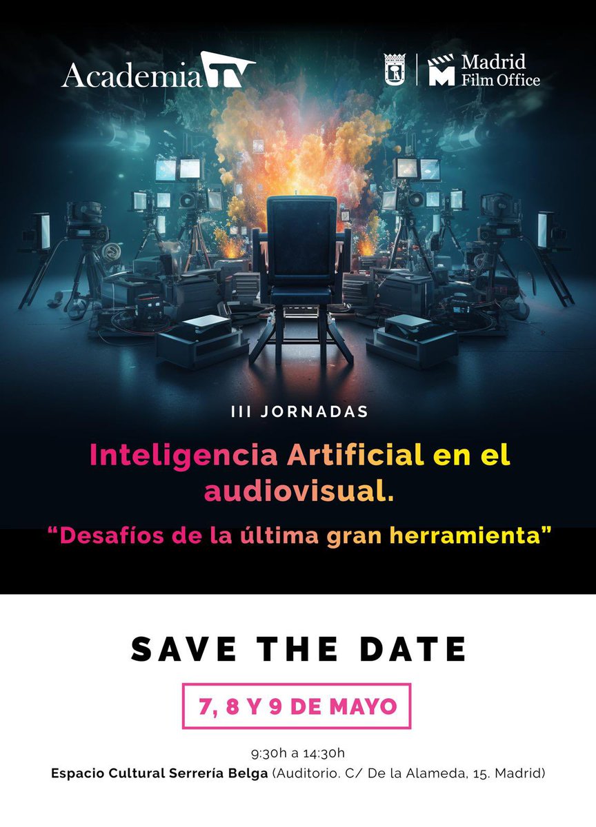 La Academia de Televisión organiza con @Madrid_FO las III Jornadas sobre Inteligencia Artificial en el Audiovisual.
“Desafíos de la última gran herramienta”
👇🏻
#SAVETHEDATE
7, 8 y 9 de mayo en el Espacio Cultural @serreria_belga 

#LaFamiliadelaTele