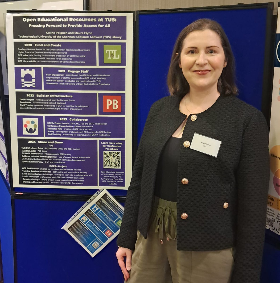 TUS OER Librarian @MauraGFlynn at #ASL2024 presenting her and Deputy Librarian @celine_peignen poster 'Open Educational Resources at TUS: Pressing Forward to Provide Access for All @TUS_ie. #tusoer tus.pressbooks.pub/asl2024/