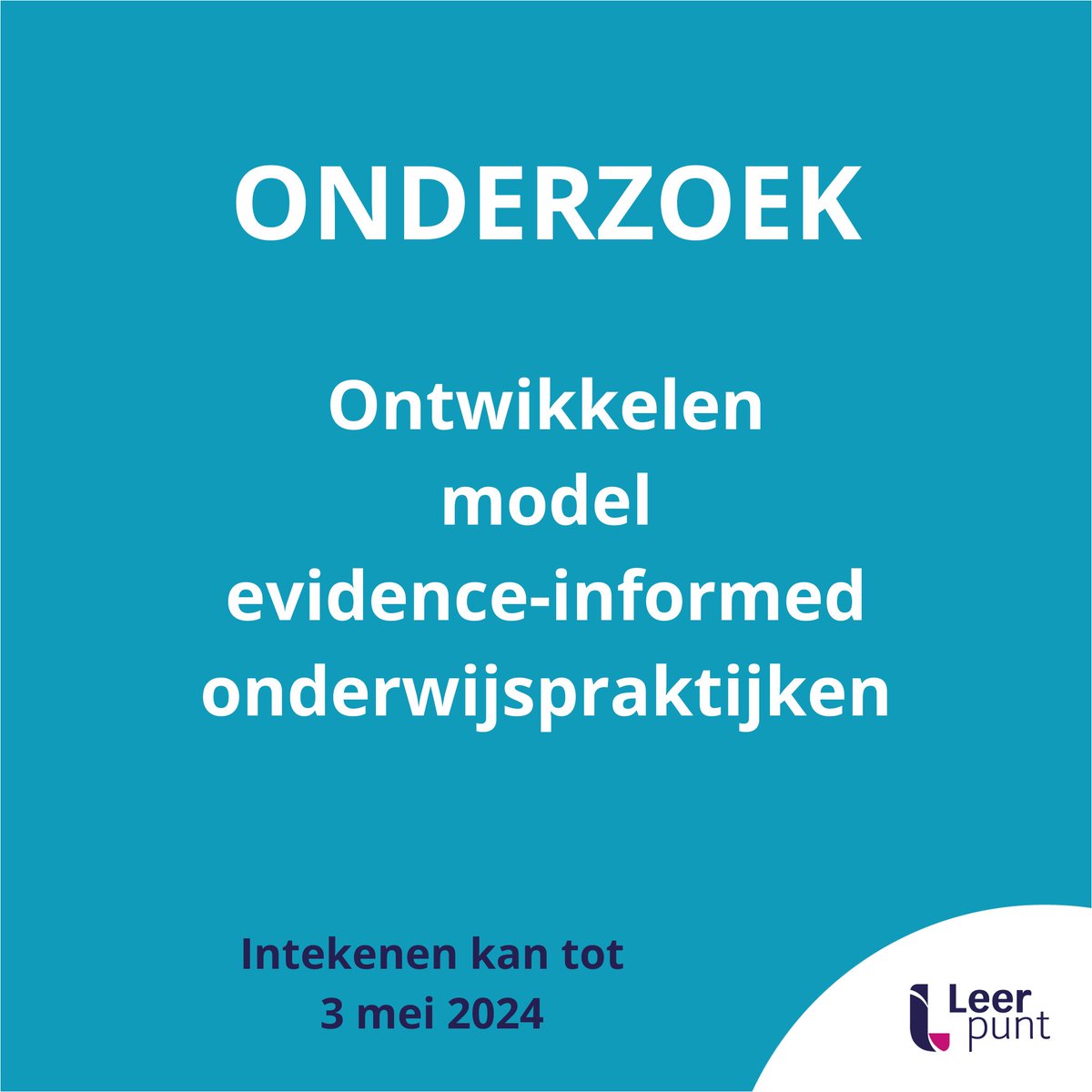 ONDERZOEK: Model ontwikkelen voor evidence-informed onderwijspraktijken &amp; inventariseren evidence-informed noden en verwachtingen.

Infosessie: 28/3/24 - 13.00u 
Deadline: 03/05/2024 - 09.00u

Alle info via: loom.ly/F8dmFTk

#evidenceinformed #onderwijskwaliteit #leerpunt