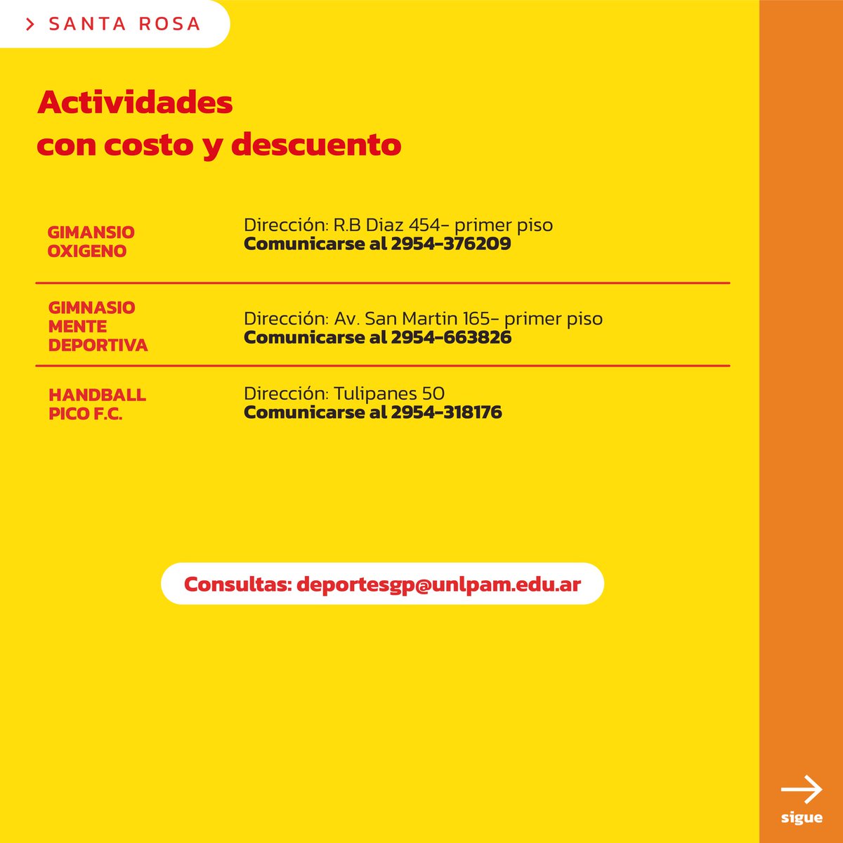 COMIENZAN LAS ACTIVIDADES DEPORTIVAS ! 🏃🏻🏀

Invitamos la comunidad de la UNLPam a participar de las actividades deportivas. 

📆Inician el lunes 25 
✔️Gratuitas 
➡️Sin inscripción previa. 
👉🏻 Consultas 
Santa Rosa :deportes@unlpam.edu.ar 
General Pico: deportesgp@unlpam.edu.ar