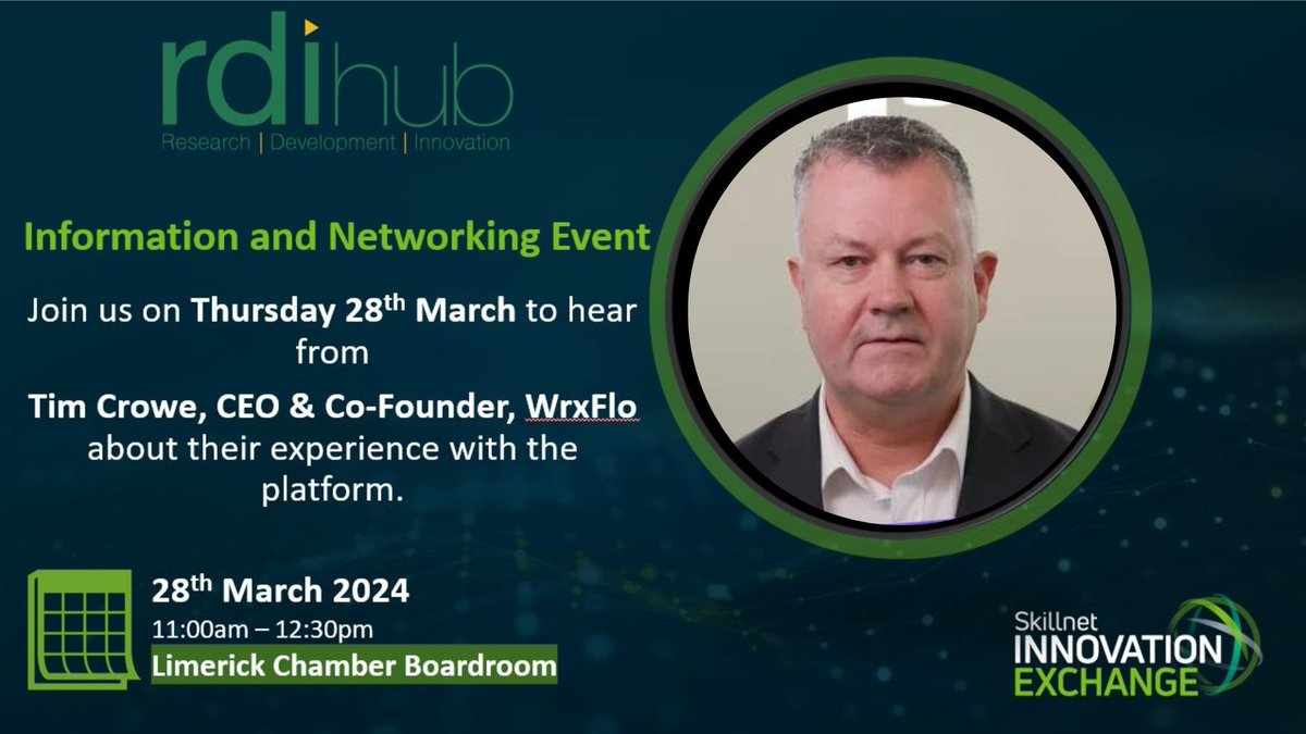 Join the #RDIhub for a free @TheInnovationE2 event on the 28th of March in the @LimerickChamber Boardroom, where we will hear Tim Crowe of @WrxFlo speak about his experience of using this innovation marketplace platform. 🎟️Book your seat here: bit.ly/49QAlRW