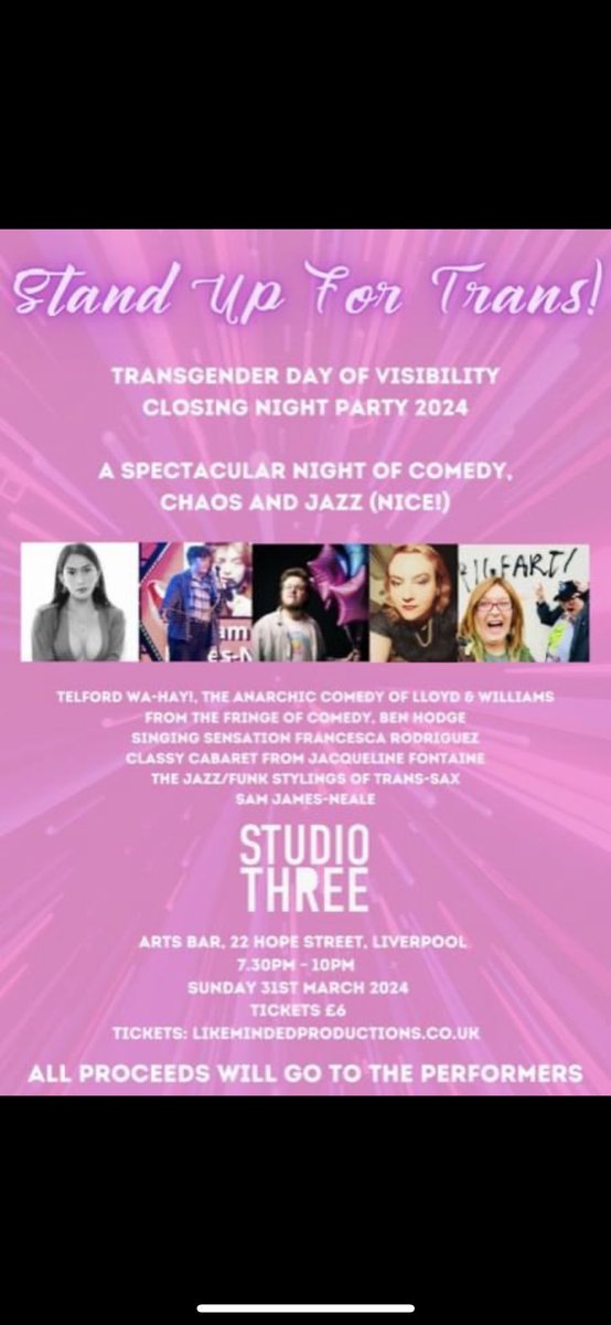 Stand Up For Trans! A night of stand-up comedy and performance in Liverpool to celebrate Transgender Day of Visibility 2024. Get your tickets now, they're selling fast!

likemindedproductions.co.uk/store/backend/…