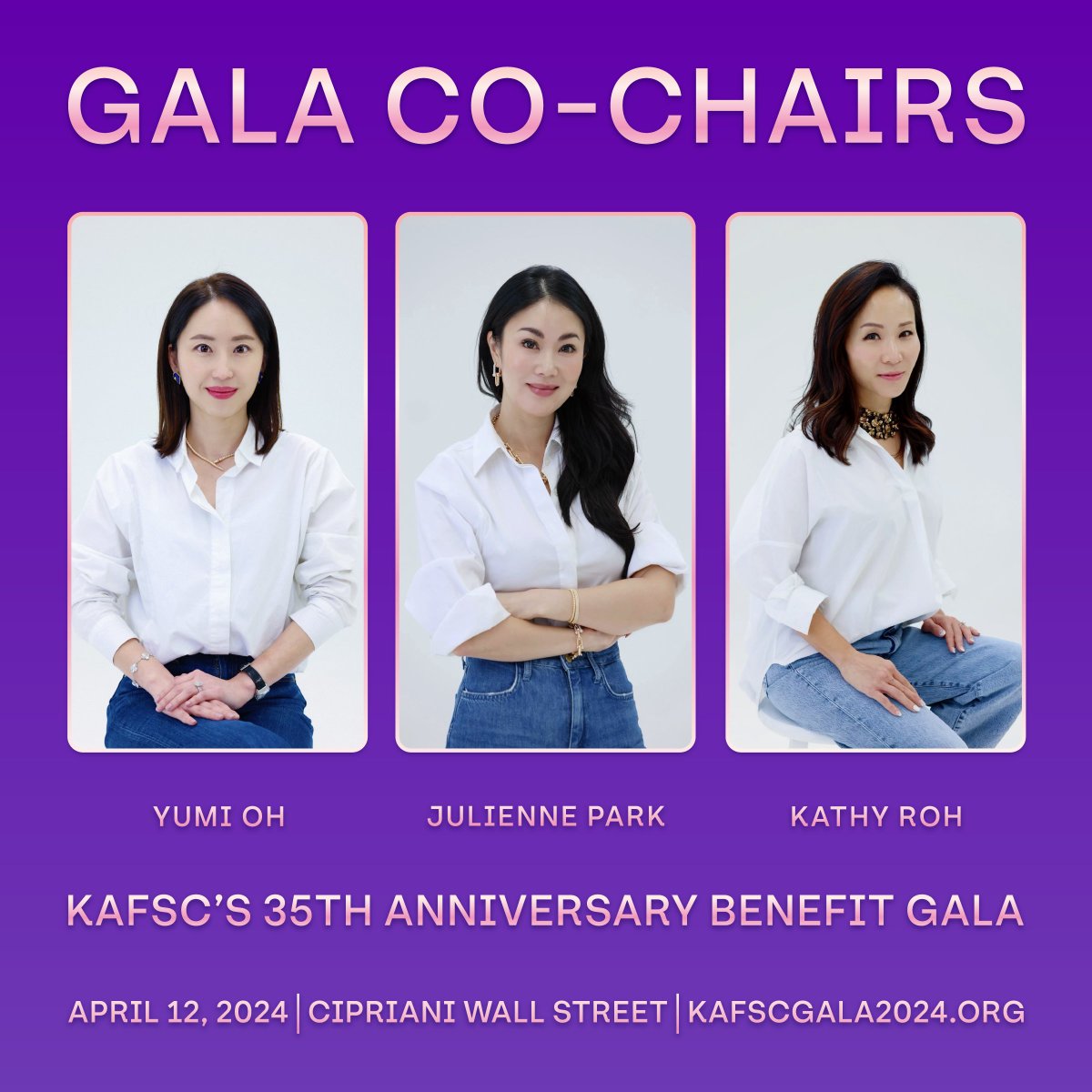 We are thrilled to present our Co-Chairs: Yumi Oh, Julienne Park and Kathy Roh. KAFSC is fortunate to have these fearless women leading this year’s Gala! ✨Join us by becoming a sponsor! Visit kafscgala2024.org 💜