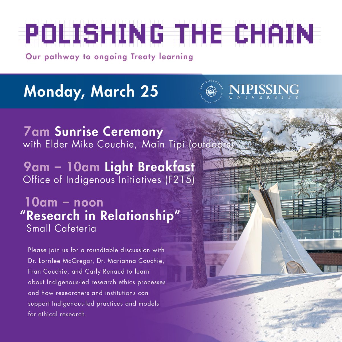Join us this month as the Polishing the Chain treaty learning series continues. Learn more about the upcoming events at strategicplanning.nipissingu.ca/polishing-the-….