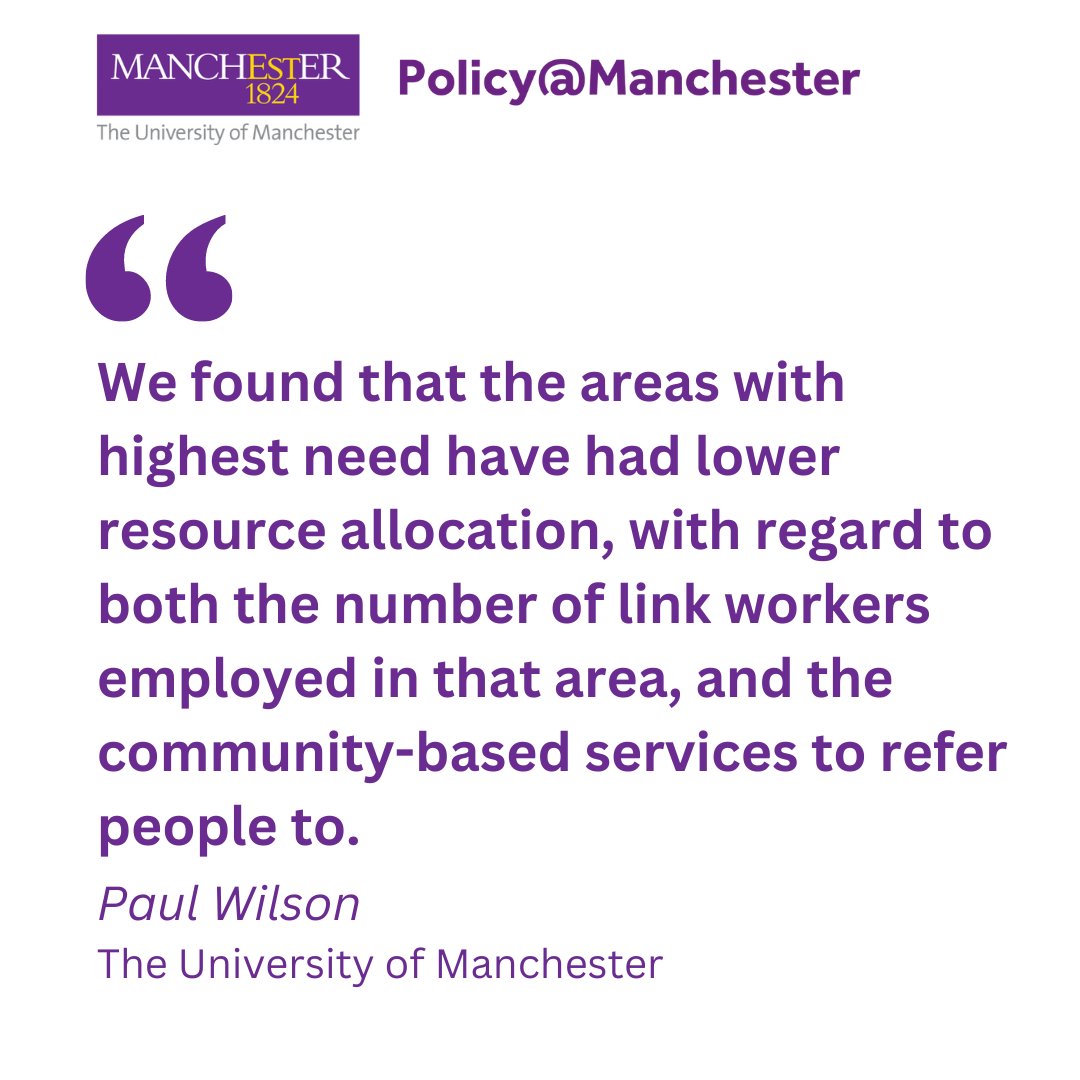 🤝 Social prescribing connects patients to VCSE organisations, via link workers 🩺 But are these workers in the areas that need them most? 🔍 A more targeted approach is needed to match resources to need 👇 Read more in Paul Wilson's (@pmw777) article; blog.policy.manchester.ac.uk/health/2024/03…