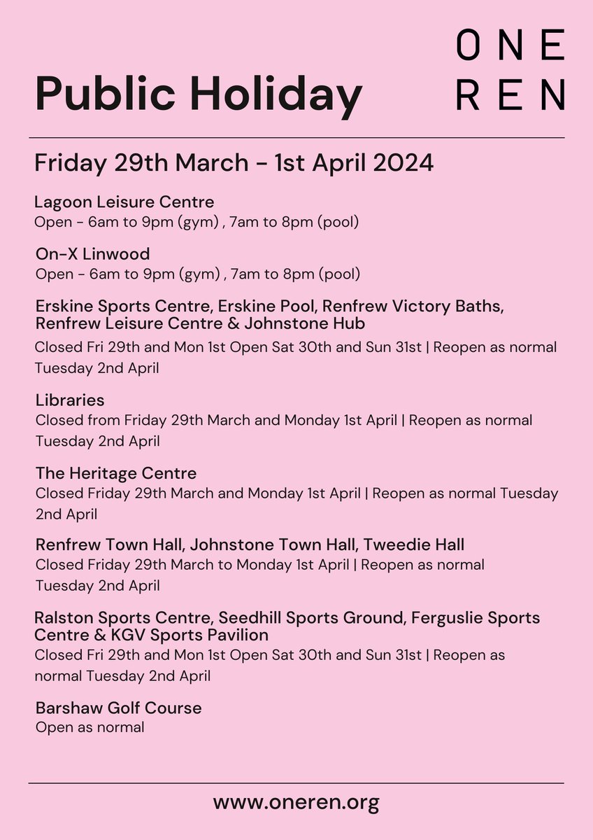 Please note that many of our venues will be closed on Friday 29th March and Monday 1st April due to the public holiday. Venues will be open as normal from Tuesday 2nd April. See details below👇