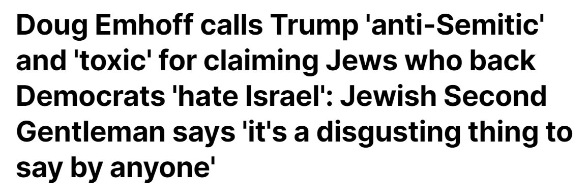 Excuse me, 'Second Gentleman' #DougEmhoff, but I don't remember your outrage when #JoeBiden said 'If you have a problem figuring out whether you're for me or Trump then you ain't black.'
#DonaldTrump #Jews #Antisemitism #racism